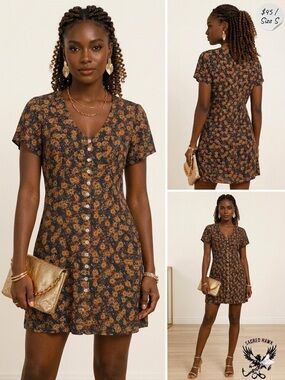Black Mini Dress with Brown Floral Print